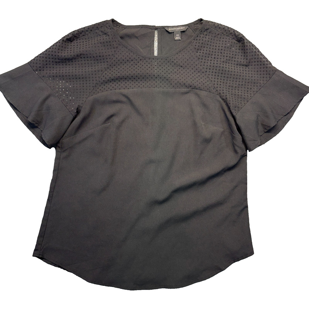 Banana Republic Flock Dot Blouse Women's XS Black Mixed Media AS-IS Heat Damage